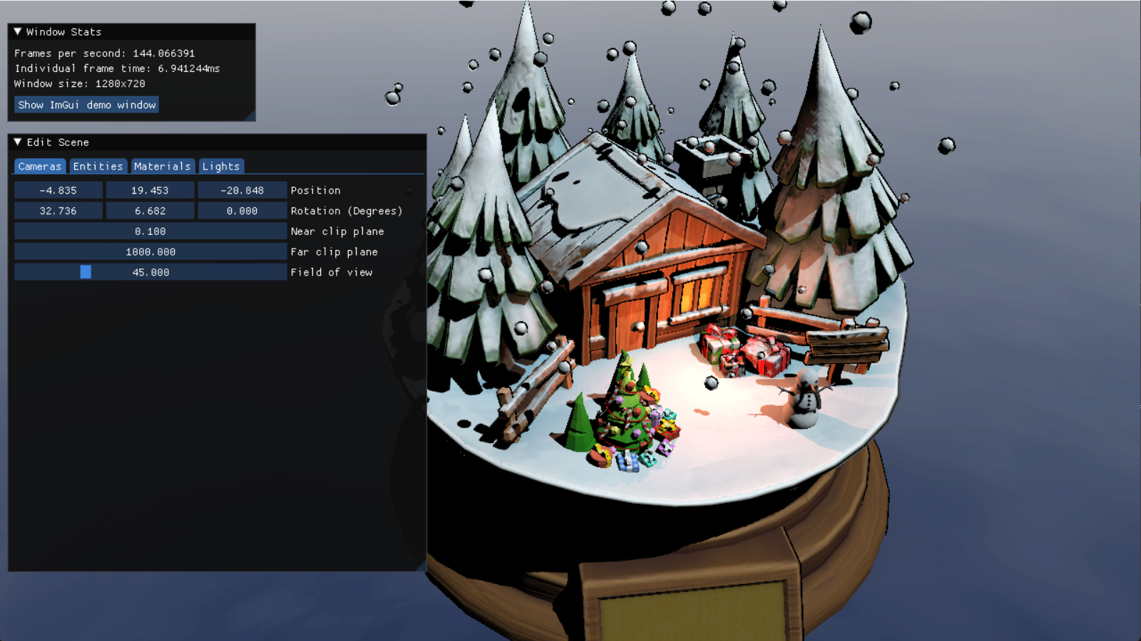 The final version of the engine with a basic winter snowglobe scene