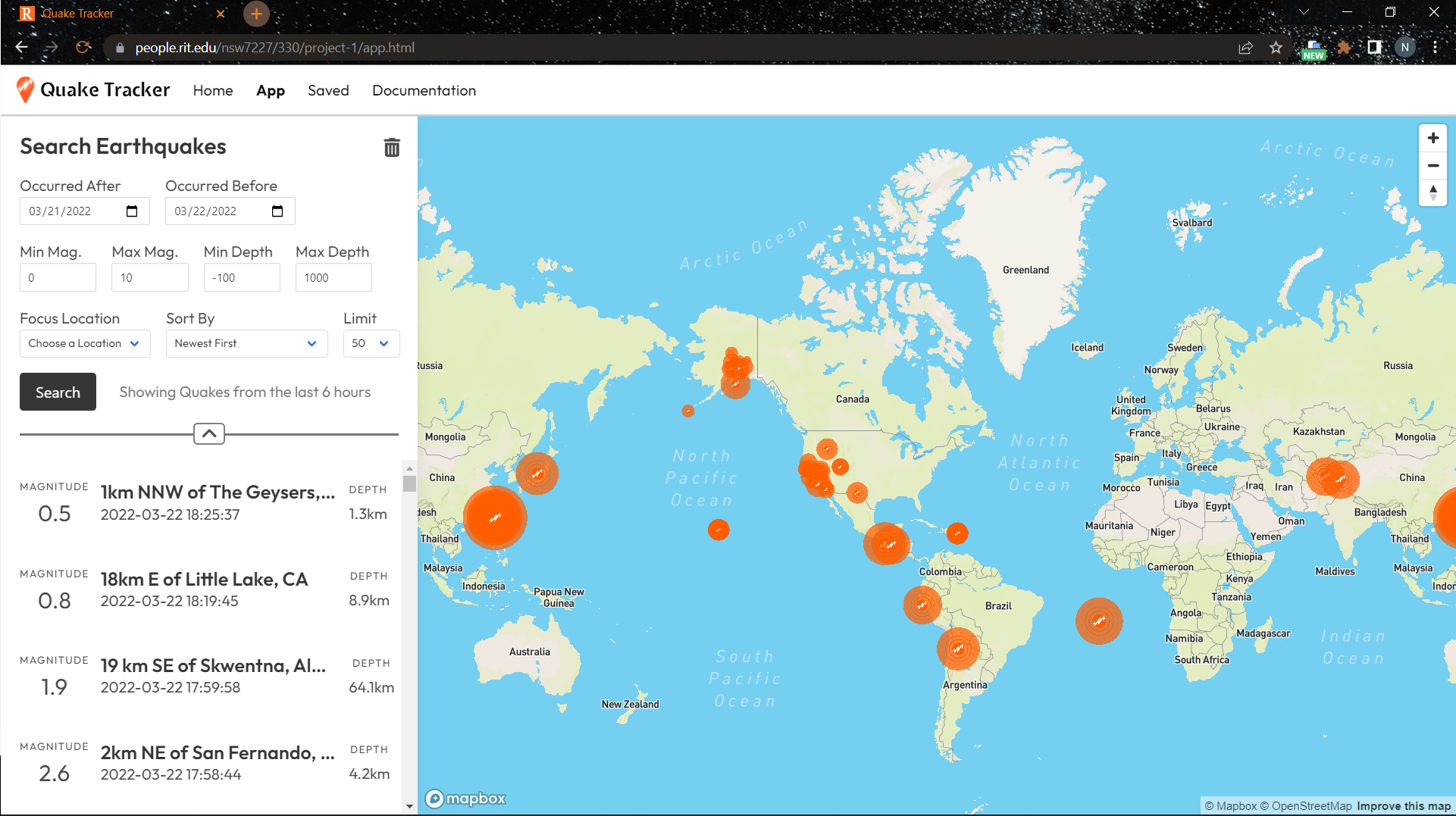 A map marking the location of earthquakes